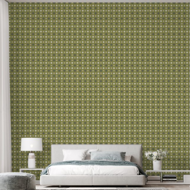 Retro Olive Green Floral Pattern Wallpaper (Bedroom)