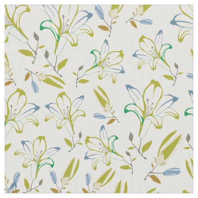 Retro Olive Green Lily Flower Pattern  Fabric (Close Up)