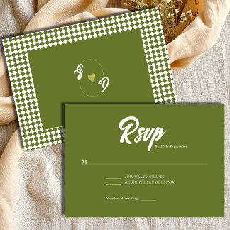 Retro Olive green Minimalist Checkered Wedding RSVP Card