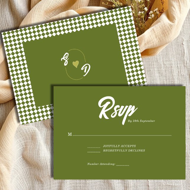 Retro Olive green Minimalist Checkered Wedding RSVP Card (Creator Uploaded)