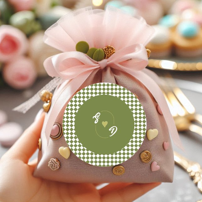 Retro Olive Green Monogram Initial Heart Wedding  Classic Round Sticker (Creator Uploaded)