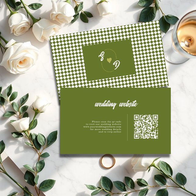 Retro Olive green QR code Checkered Wedding Enclosure Card (Creator Uploaded)
