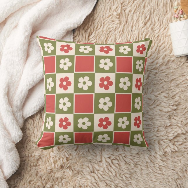 Retro Olive Green & Rust Daisy Chequerboard Cushion (Blanket)