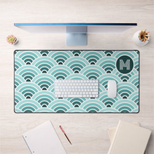 Retro Ombre Teal Blue Green Waves Art Pattern Desk Mat
