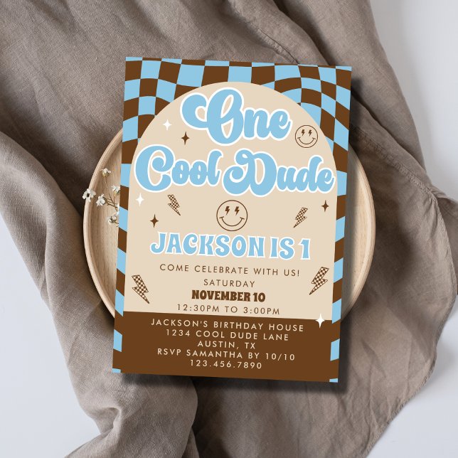 Retro One Cool Dude Baby Boy 1st Birthday Party Invitation (Creator Uploaded)