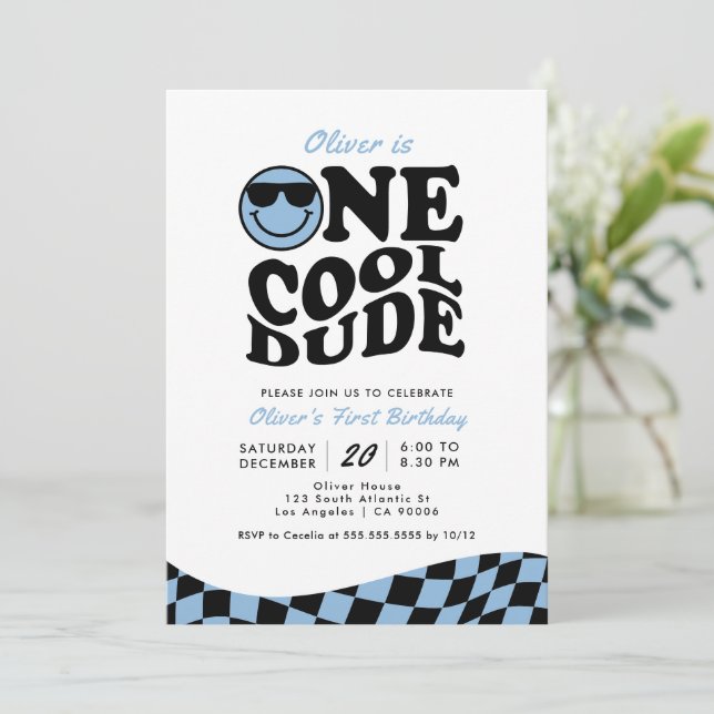 Retro One Cool Dude Blue Smile Face 1st Birthday Invitation (Standing Front)