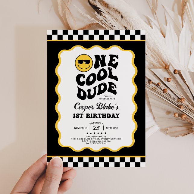 Retro One Cool Dude Boy 1st Birthday Party Invitation (Creator Uploaded)