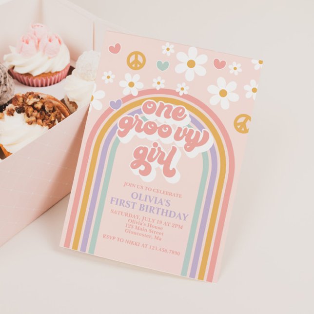 Retro One Groovy Girl Rainbow 1ST Birthday Invitation (Creator Uploaded)