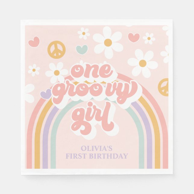 Retro One Groovy Girl Rainbow 1ST Birthday Napkin (Front)