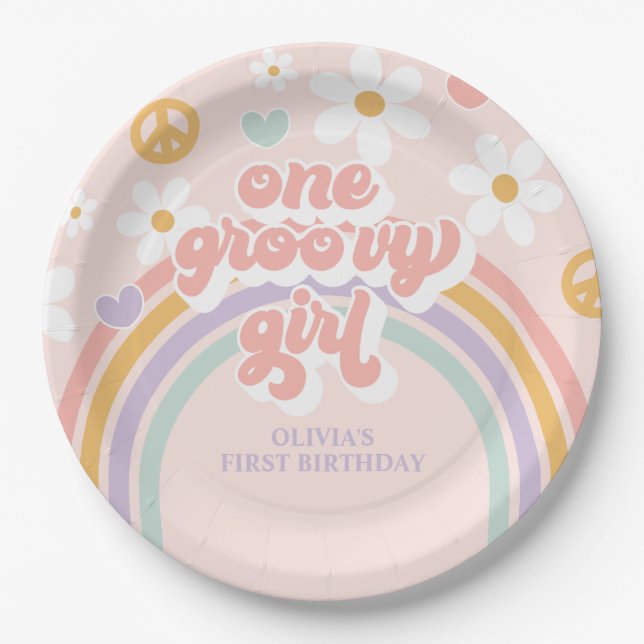 Retro One Groovy Girl Rainbow 1ST Birthday Paper Plate (Front)