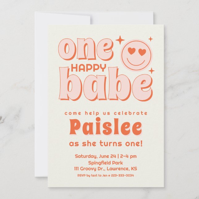Retro One Happy Babe First Birthday Invitation (Front)