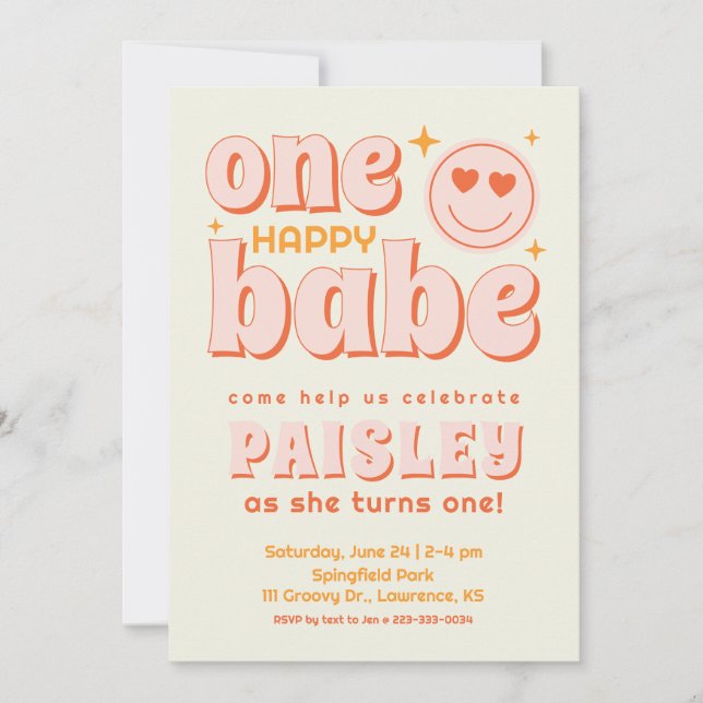 Retro One Happy Babe First Birthday Invitation (Front)
