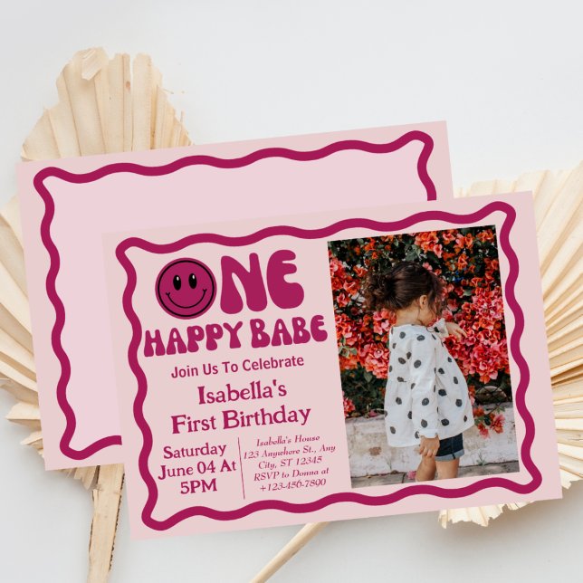 Retro One Happy Babe  First Birthday photo  Invitation (Creator Uploaded)