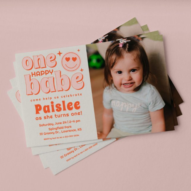 Retro One Happy Babe Photo First Birthday Invitation (Creator Uploaded)