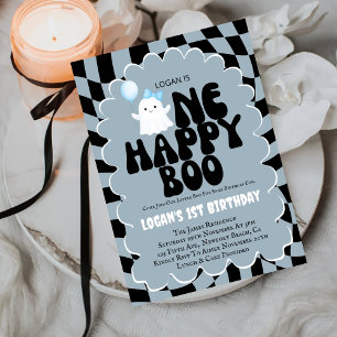 Retro One Happy Boo Boy 1st Birthday Photo Party Invitation