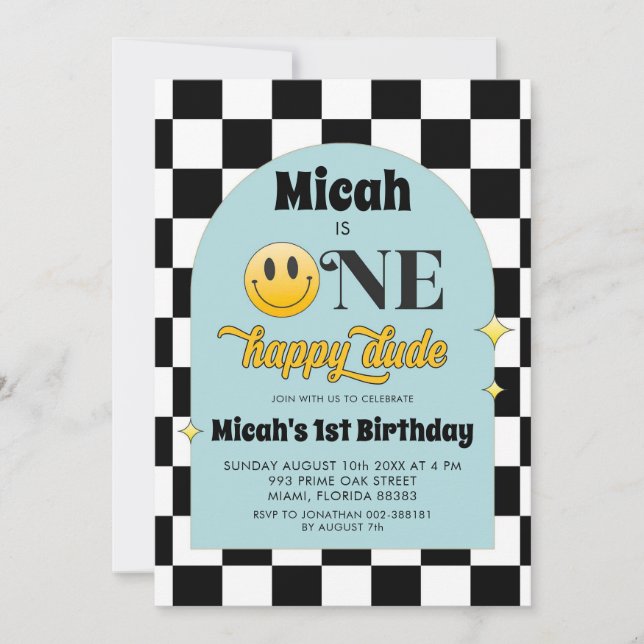 Retro One Happy Dude Birthday Invitation (Front)