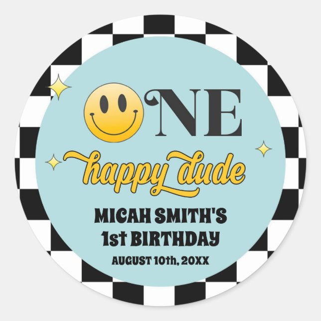 Retro One Happy Dude Birthday Thank You Sticker (Front)
