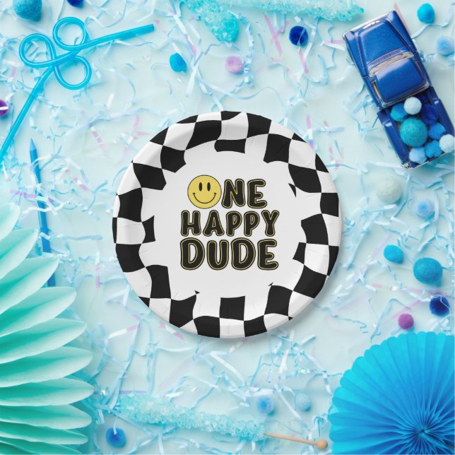 Retro One Happy Dude First Birthday Party Paper Plate (Party)