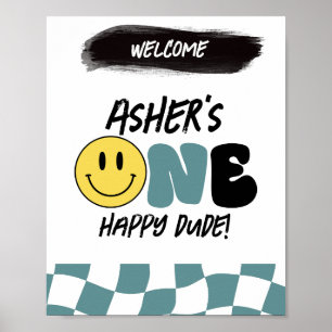 Retro One Happy Dude First Birthday Welcome Sign