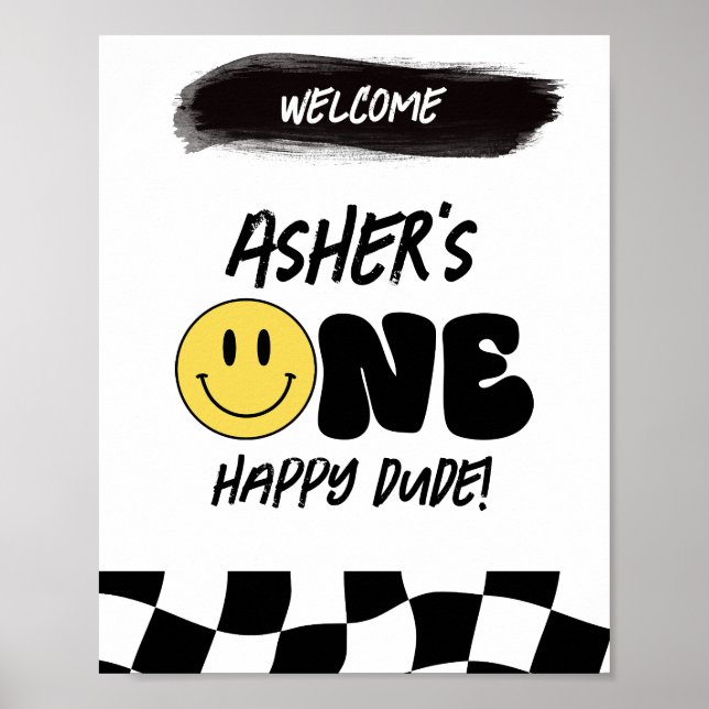 Retro One Happy Dude First Birthday Welcome Sign (Front)