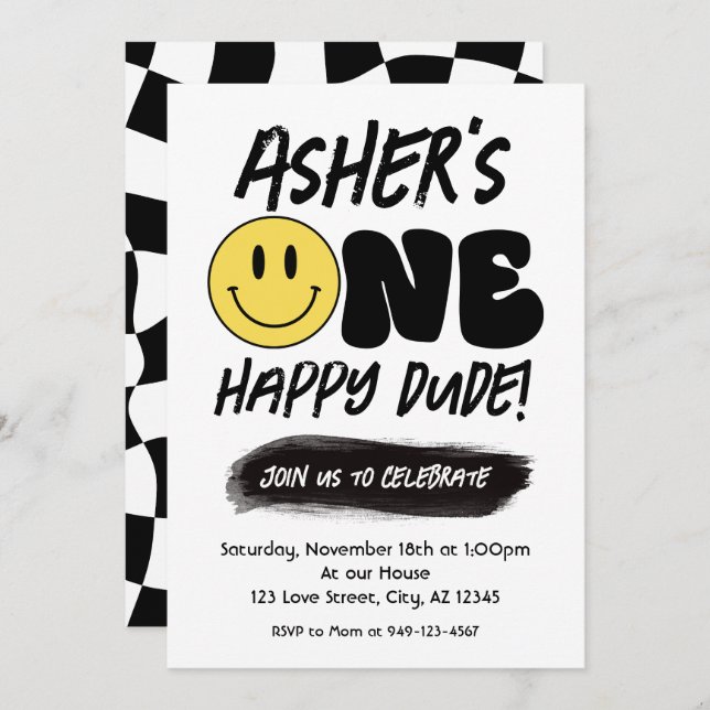 Retro One Happy Dude Happy Face first Birthday Invitation (Front/Back)