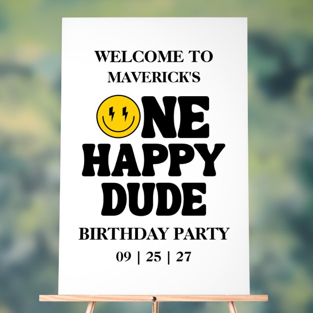 Retro One Happy Dude Smile Face Boy 1st Birthday Acrylic Sign (Neutral)