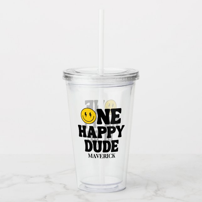 Retro One Happy Dude Smile Face Boy 1st Birthday Acrylic Tumbler (Front)