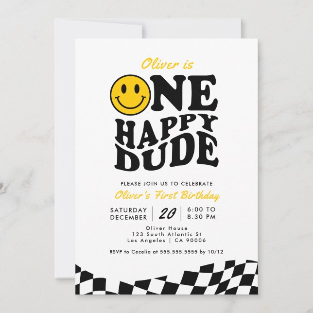 Retro One Happy Dude Smile Face Boy 1st Birthday Invitation (Front)