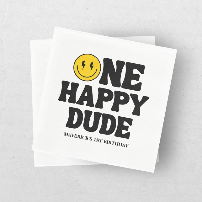 Retro One Happy Dude Smile Face Boy 1st Birthday Napkin (Creator Uploaded)