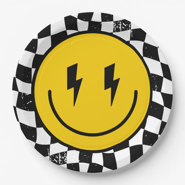 Retro One Happy Dude Smile Face Boy 1st Birthday Paper Plate (Front)