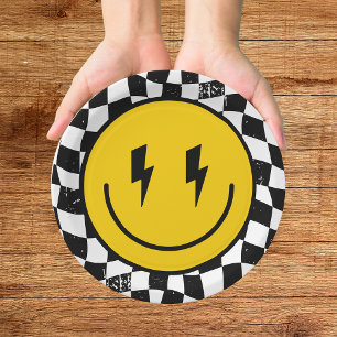 Retro One Happy Dude Smile Face Boy 1st Birthday Paper Plate