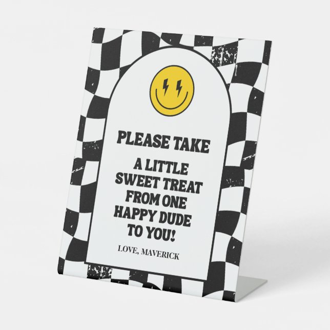 Retro One Happy Dude Smile Face Boy 1st Birthday Pedestal Sign (Front)