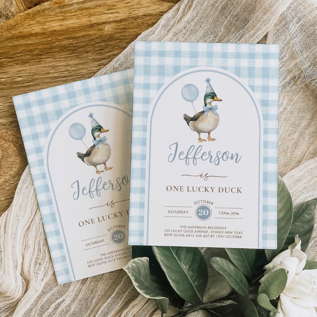 Retro One Lucky Duck Blue Balloon Boy 1st Birthday Invitation (Creator Uploaded)