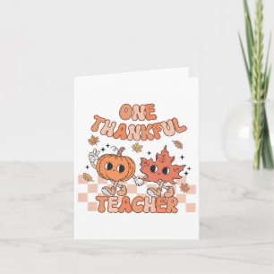 Retro One Thankful Teacher Pumpkin And Autumn Leaf Card