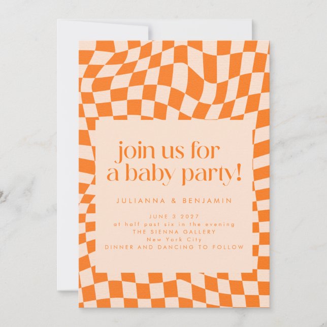 Retro Orange Abstract Check Pattern Baby  Invitation (Front)