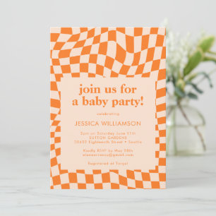 Retro Orange Abstract Chequerboard Baby Shower Invitation