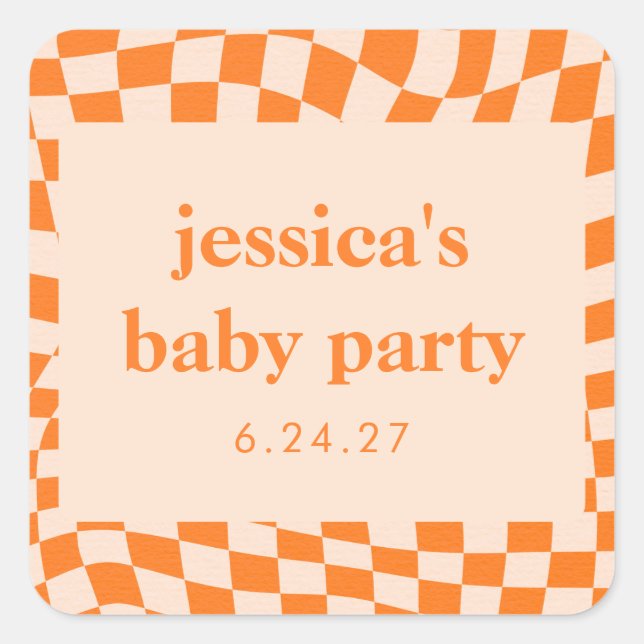 Retro Orange Abstract Chequerboard Baby Shower Square Sticker (Front)