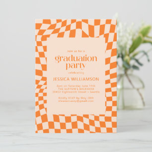 Retro Orange Abstract Chequerboard Graduation Invitation