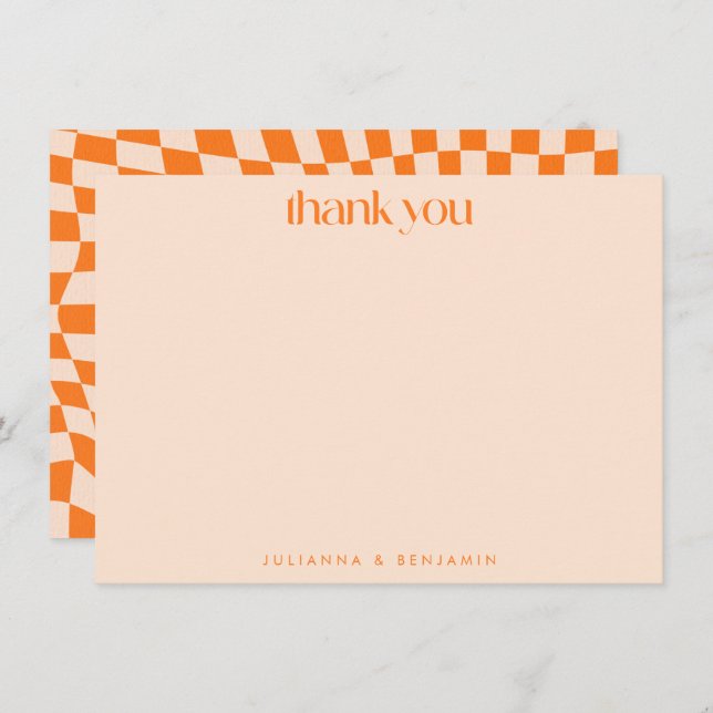 Retro Orange Abstract Chequerboard Wedding Custom Thank You Card (Front/Back)