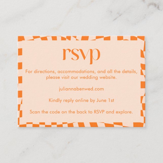 Retro Orange Abstract Chequerboard Wedding Website Enclosure Card (Front)