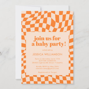Retro Orange Abstract Geometric Chequered Baby Invitation