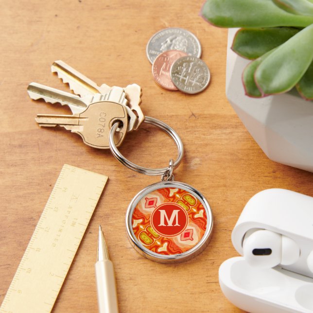 Retro Orange Abstract Tie-Dyed Monogram Initial Key Ring (Desk)