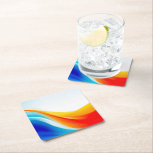 Retro Orange and Blue abstract curved lines Square Paper Coaster