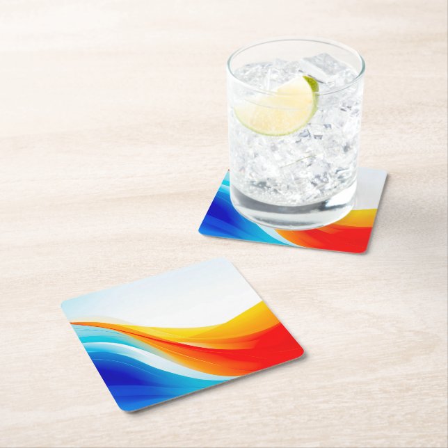 Retro Orange and Blue abstract curved lines Square Paper Coaster (Insitu)