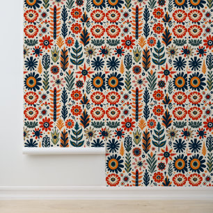 Retro Orange and Blue Floral Pattern Wallpaper