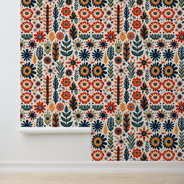 Retro Orange and Blue Floral Pattern Wallpaper (Application)