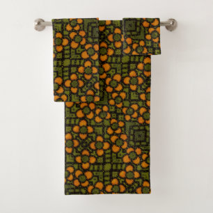 Retro Orange And Green Floral Pattern Bath Towel Set