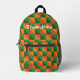 Retro Orange and Green Geometric Abstract Name Printed Backpack