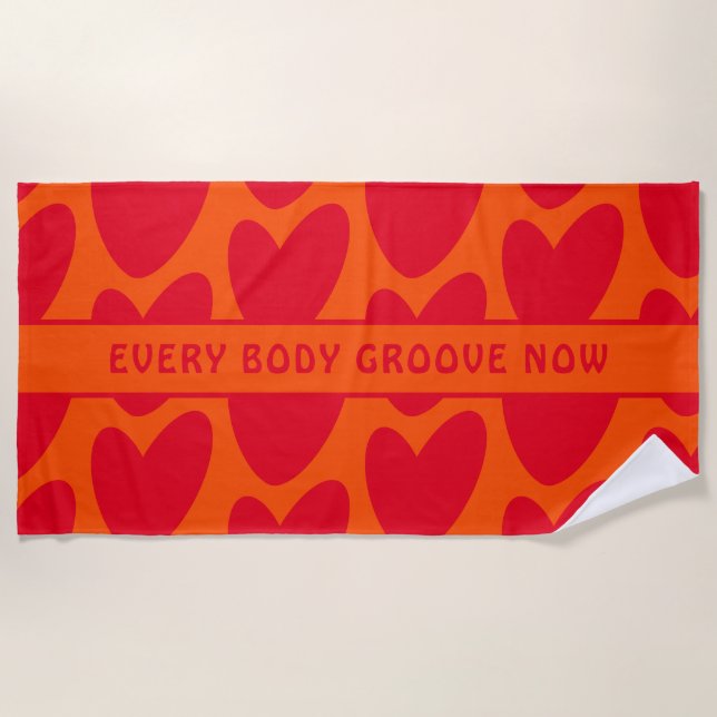 Retro Orange and Groovy Red Hearts Beach Towel (Front)
