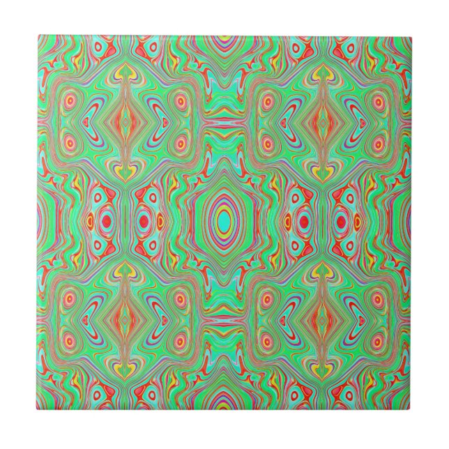 Retro Orange and Lime Green Abstract Pattern Ceramic Tile (Front)